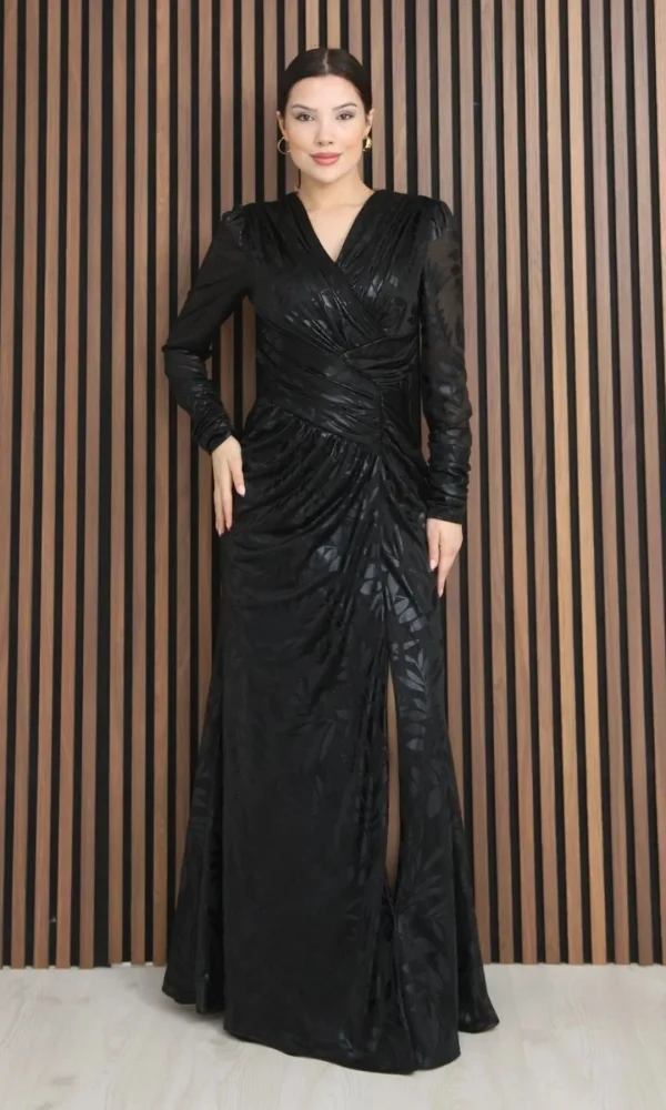 Kruvaze Yaka Bel Pileli Yırtmaçlı Abiye Elbise 2330-Siyah