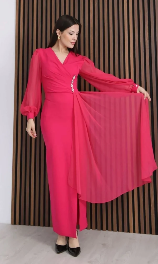 Kruvaze Yaka Şifon Kollu Bel Detaylı Pileli Uzun Abiye Elbise DP5997-Fuşya