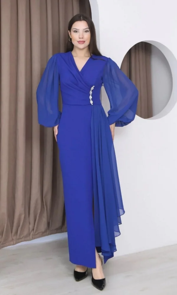 Kruvaze Yaka Şifon Kollu Bel Detaylı Pileli Uzun Abiye Elbise DP5997-Saks