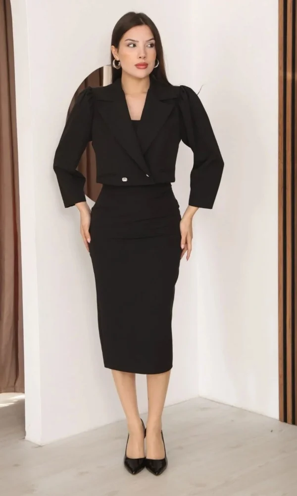 Kruvaze Yaka Crop Ceketli Kalem Elbise Takım 2291-Siyah