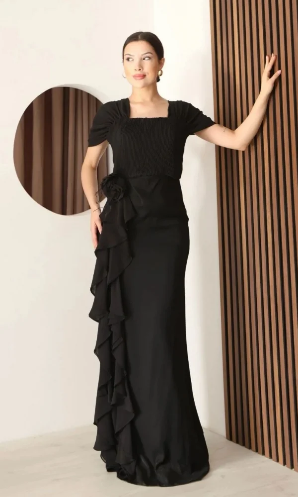 Piliseli ve Şifon Detaylı Uzun Abiye Elbise 2391-Siyah