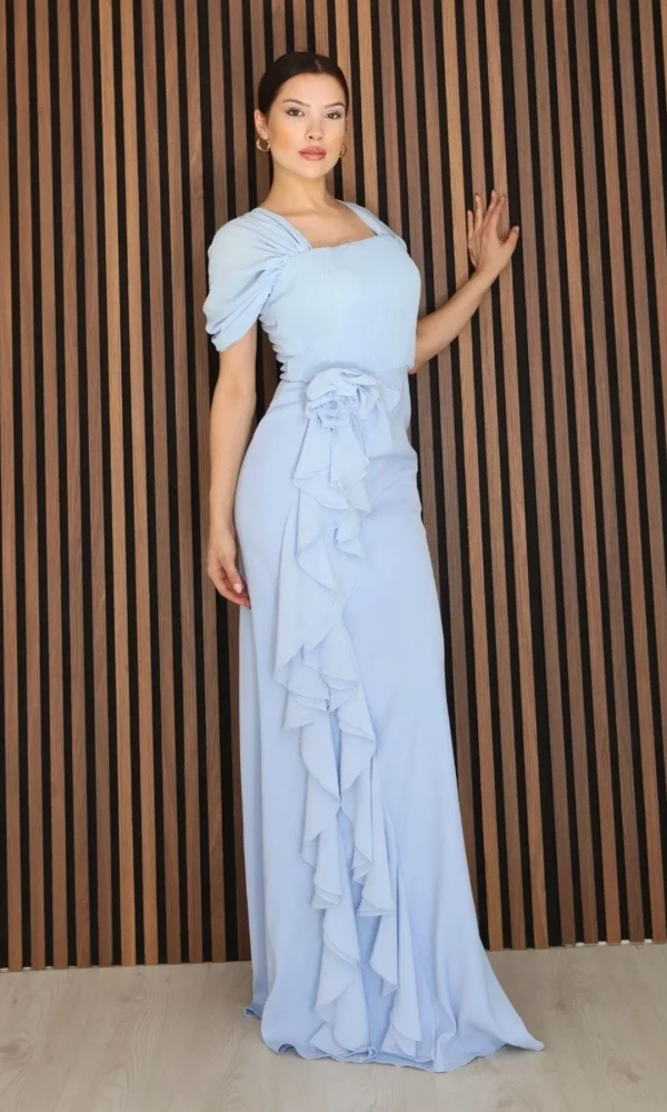 Piliseli ve Şifon Detaylı Uzun Abiye Elbise 2391-Bebe Mavisi