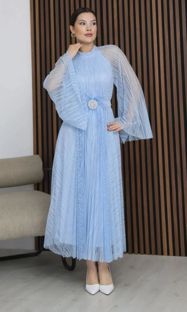 Pilise Detaylı Kemerli Rahat Form Tül Elbise 2305-Bebe Mavisi