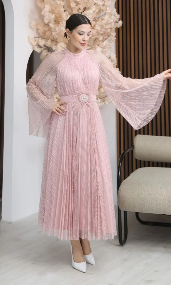 Pilise Detaylı Kemerli Rahat Form Tül Elbise 2305-Pudra