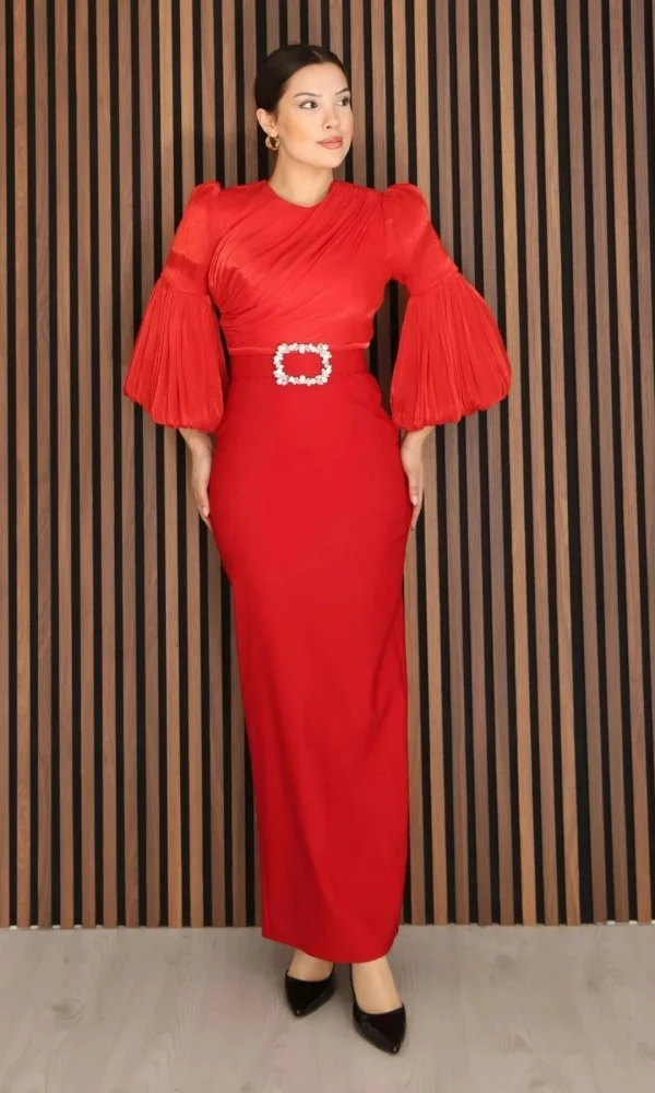Göğüs Büzgü Detaylı Balon Kol Kalem Midi Elbise 2293-Kırmızı