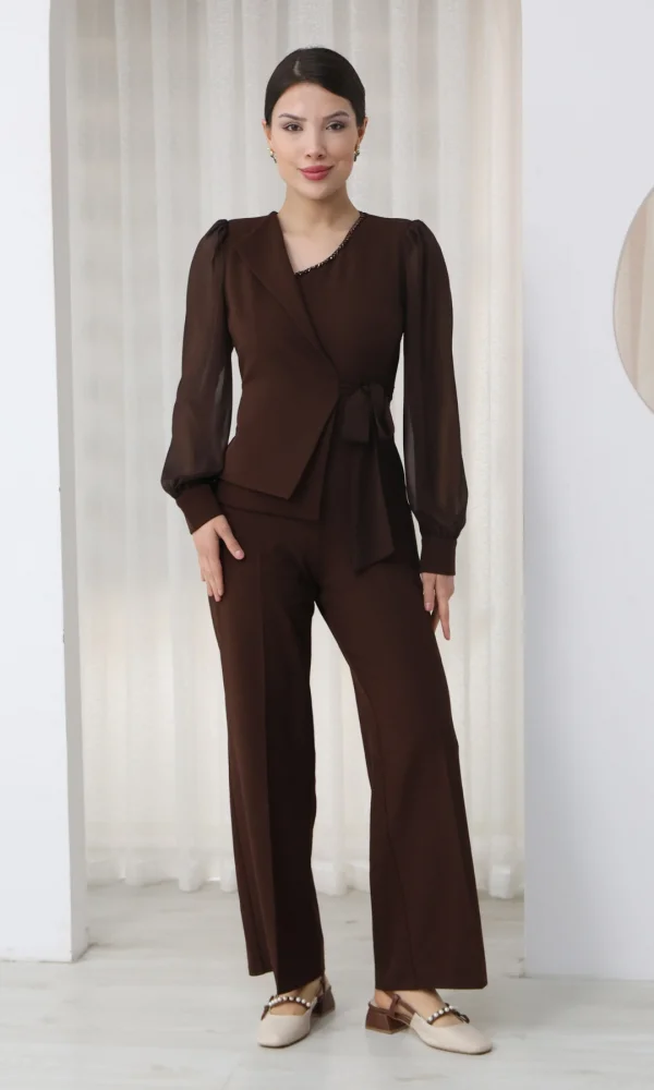 Nursel Ergin Bağlama Detaylı Asimetrik Yaka Tulum 6043-Kahverengi