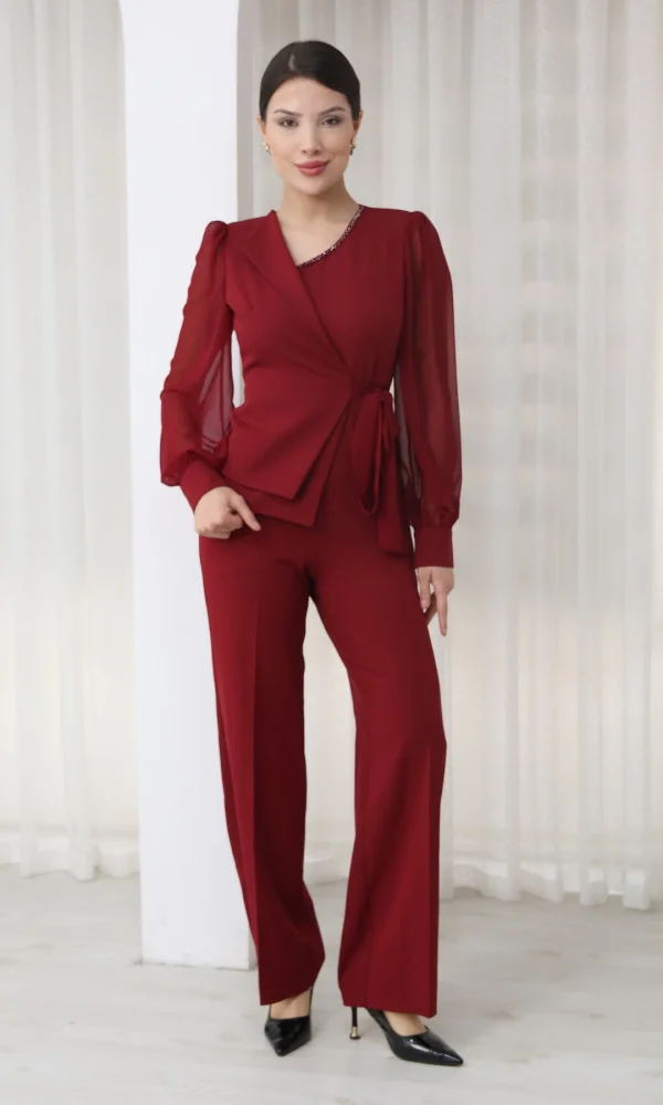 Nursel Ergin Bağlama Detaylı Asimetrik Yaka Tulum 6043-Bordo