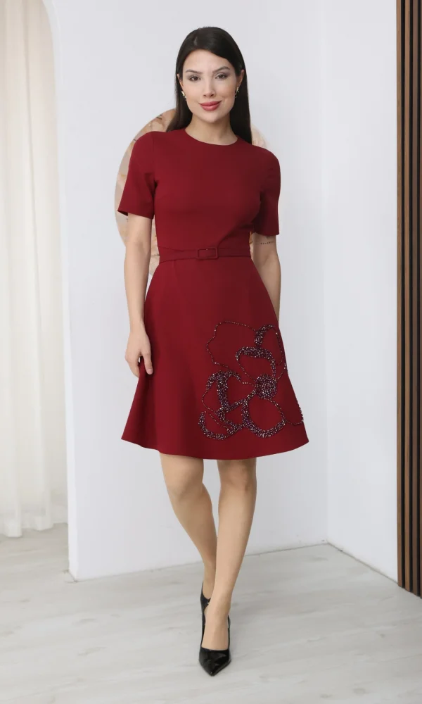 Nursel Ergin İşleme Detaylı Kemerli Elbise 6082-Bordo