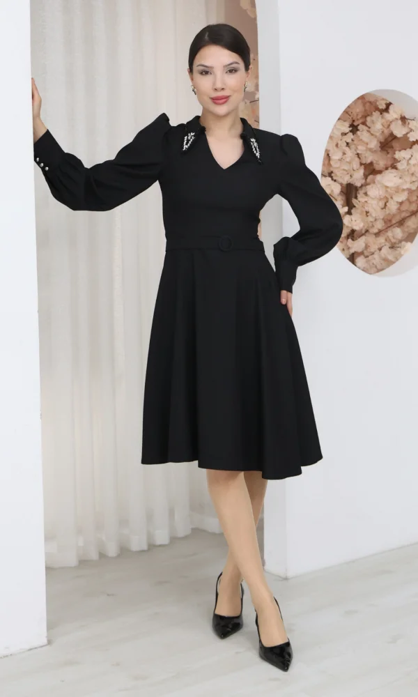 Nursel Ergin Yaka İşlemeli Asimetrik Kesim Elbise 6080-Siyah