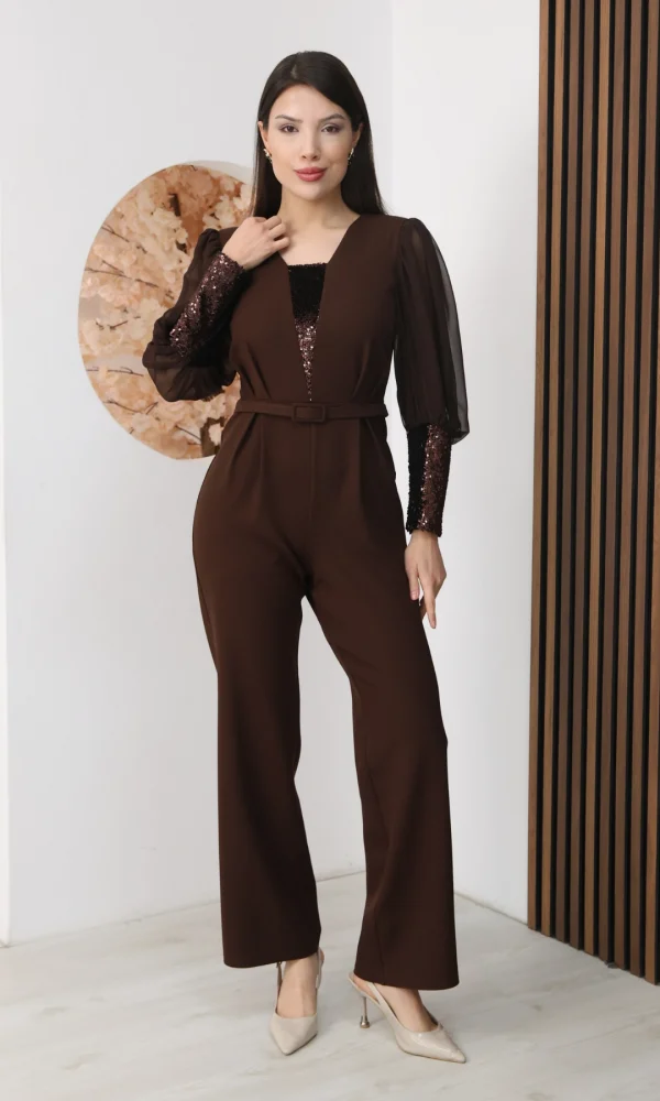 Nursel Ergin Payet Detaylı Abiye Tulum 6056-Kahverengi