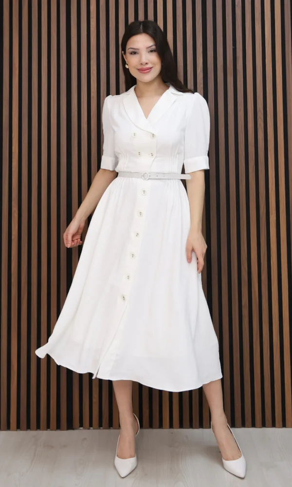 Nursel Ergin Düğme Detaylı Elbise 6059-Beyaz