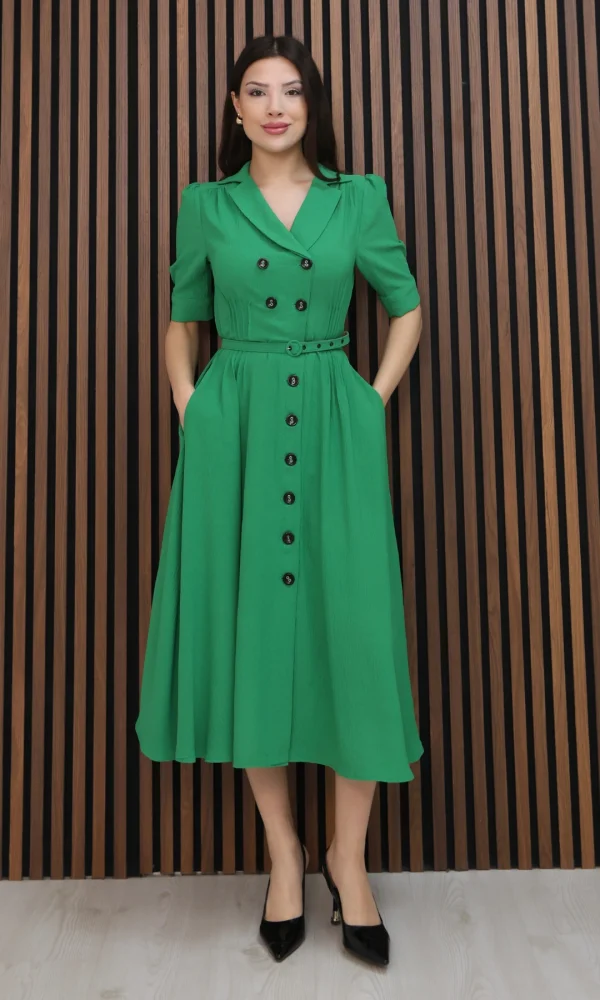 Nursel Ergin Düğme Detaylı Elbise 6059-Yeşil