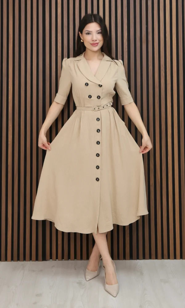 Nursel Ergin Düğme Detaylı Elbise 6059-Bej
