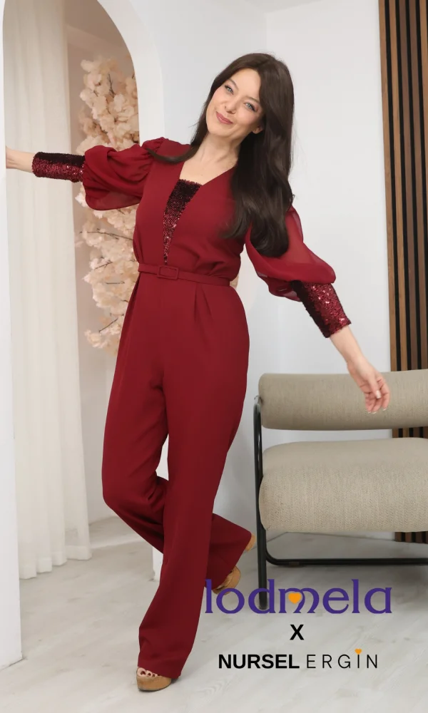 Nursel Ergin Payet Detaylı Abiye Tulum 6056-Bordo
