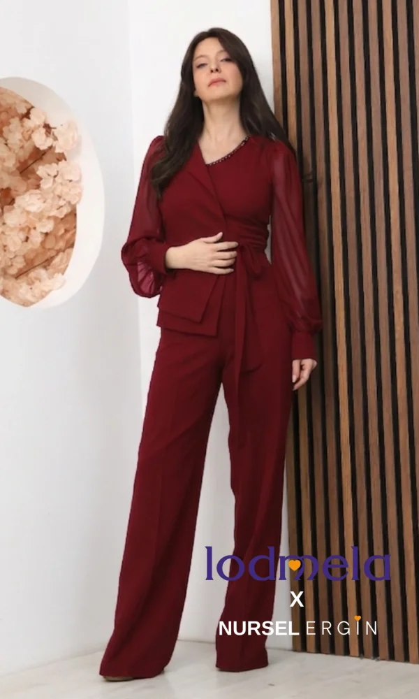 Nursel Ergin Bağlama Detaylı Asimetrik Yaka Abiye Tulum 6043-Bordo