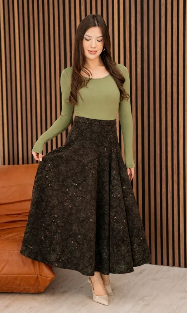 Baskılı ve Payetli Kadife Uzun Kloş Etek 6079-Kahve/Yeşil