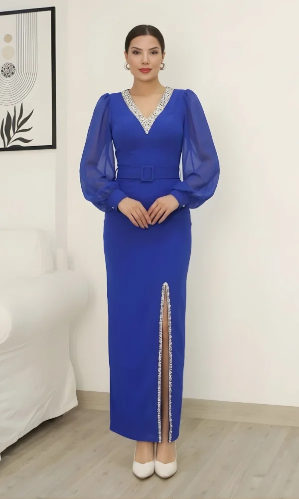 V Yaka Taş Detaylı Yırtmaçlı Balon Kol Abiye Elbise 2332-Saks