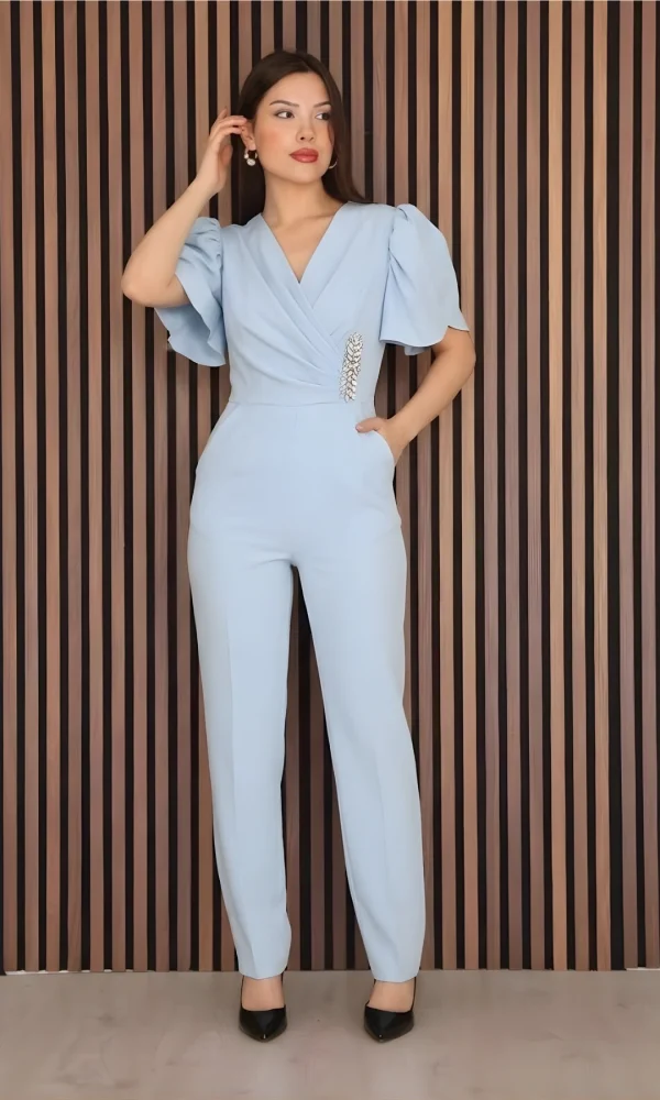 Pile ve Taş Detaylı V Yaka Tulum 2190-Bebe Mavisi