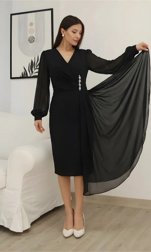 Kruvaze Yaka Bel Şifon Detaylı Balon Kol Abiye Elbise 2263-Siyah