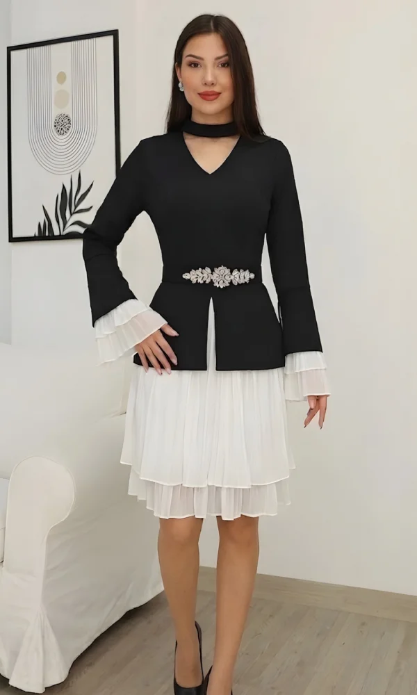 Büzgü Detaylı Kemerli Elbise 2338-Siyah/Beyaz