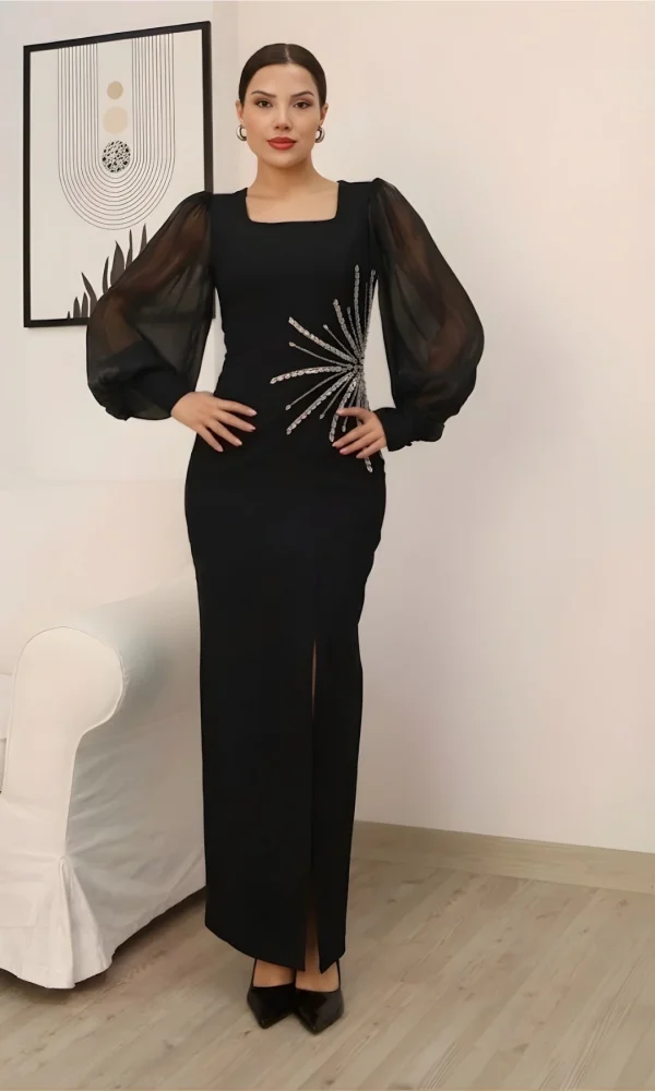 Taş Süslemeli Kare Yaka Balon Kol Yırtmaçlı Abiye Elbise 2345-Siyah