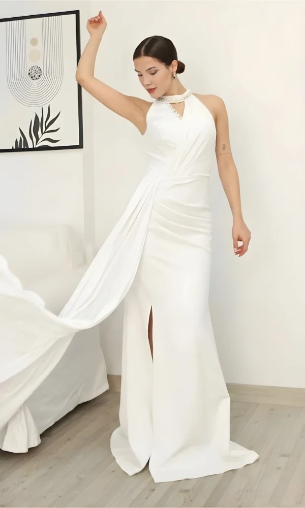 Taş Detaylı Pileli Abiye Elbise 2341-Beyaz