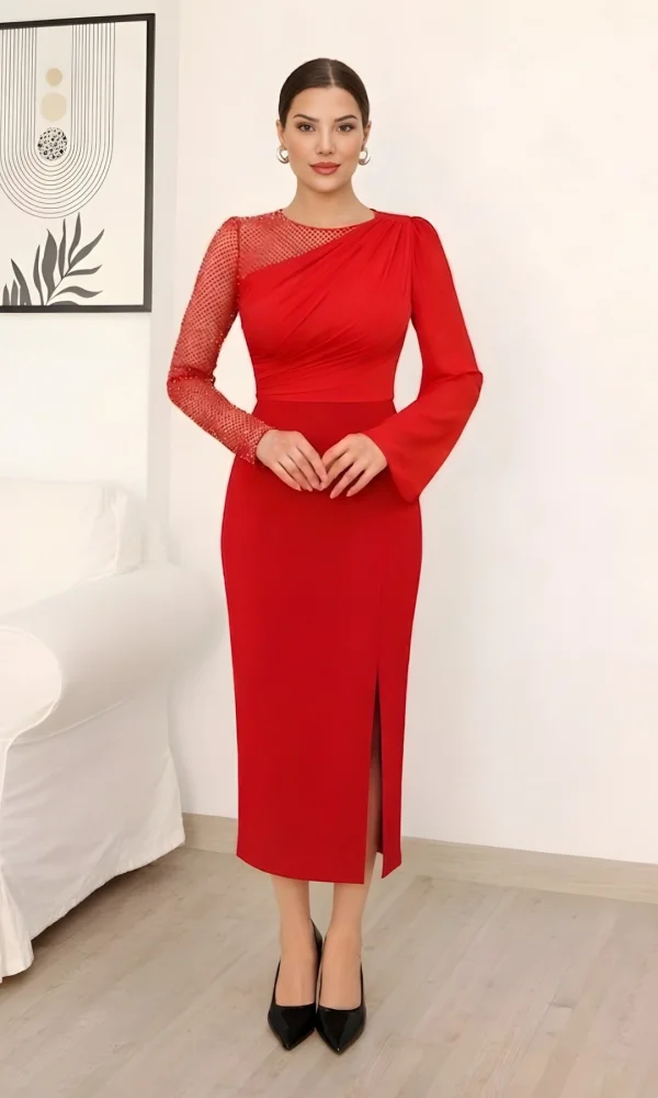 File Detaylı Midi Abiye Elbise 2337/1-Kırmızı