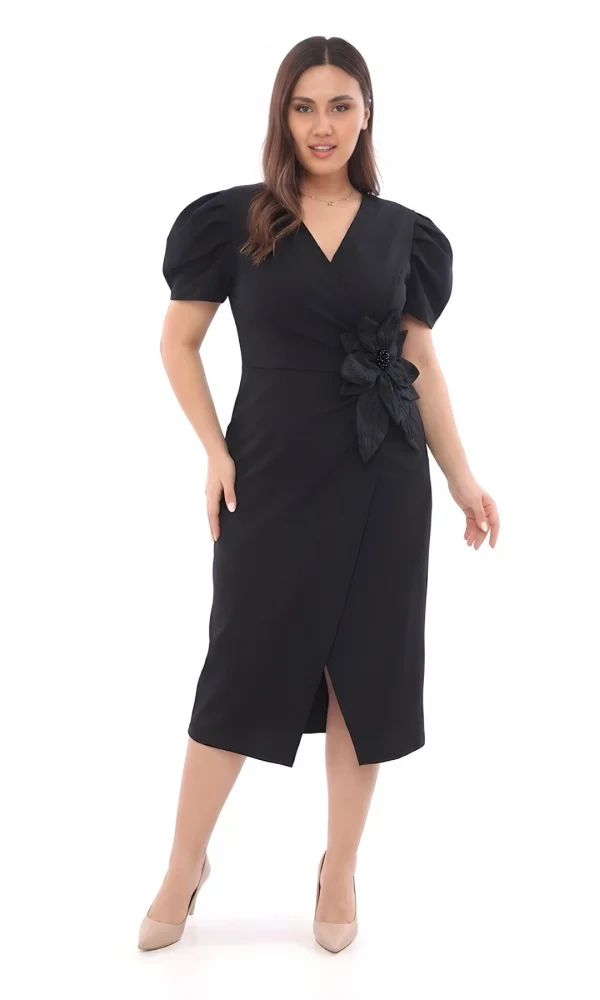 V Yaka Çiçek Detaylı Büyük Beden Abiye Elbise 2267-Siyah