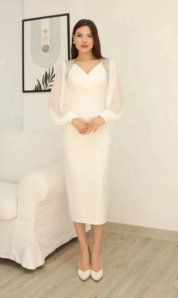 İşlemeli Omuz Detaylı Balon Kollu Kruvaze Yaka Midi Elbise 2326/1-Beyaz