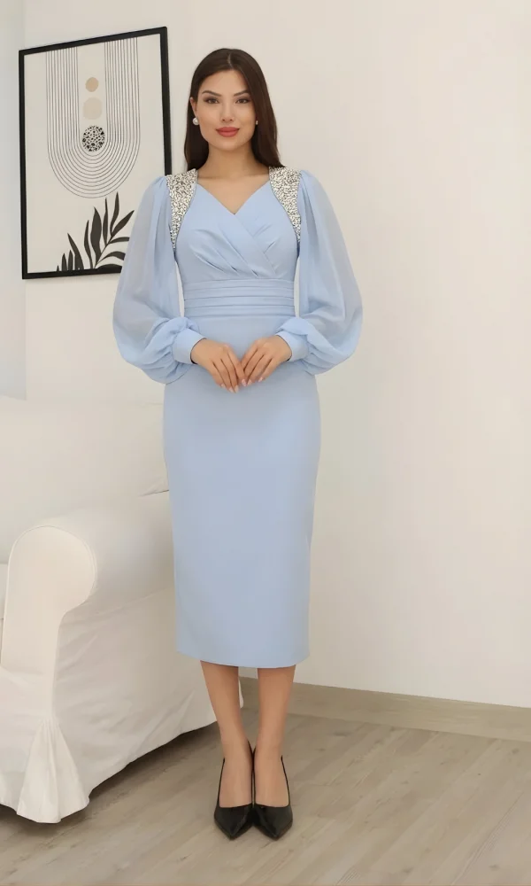 İşlemeli Omuz Detaylı Balon Kollu Kruvaze Yaka Midi Elbise 2326/1-Bebe Mavisi