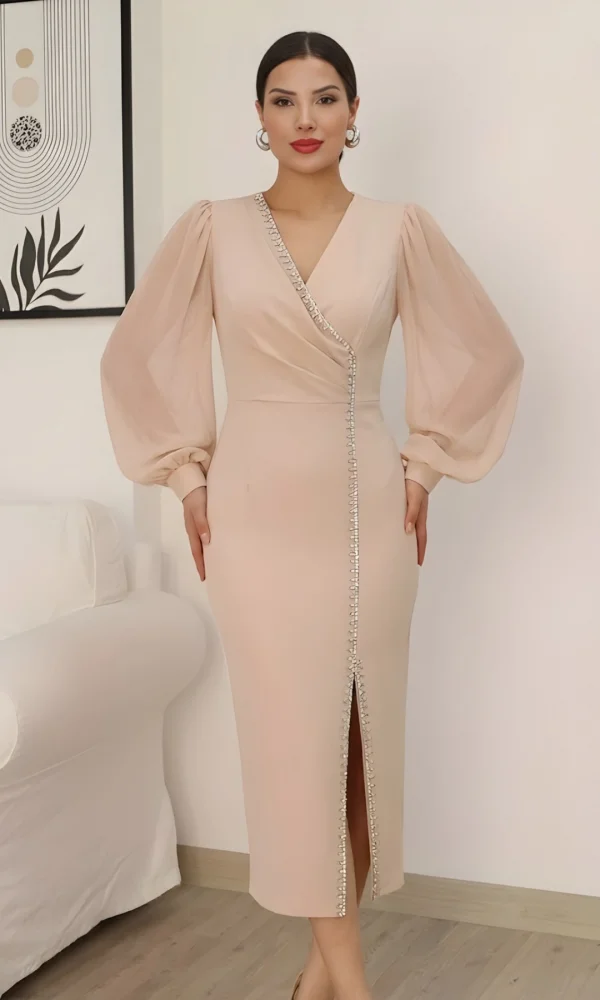 Kruvaze Yaka Balon Kol Taş ve Yırtmaç Detaylı Abiye Elbise 2237/1-Bej
