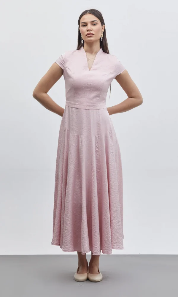 V Yaka Etek Detaylı Midi Elbise 6086-Pudra