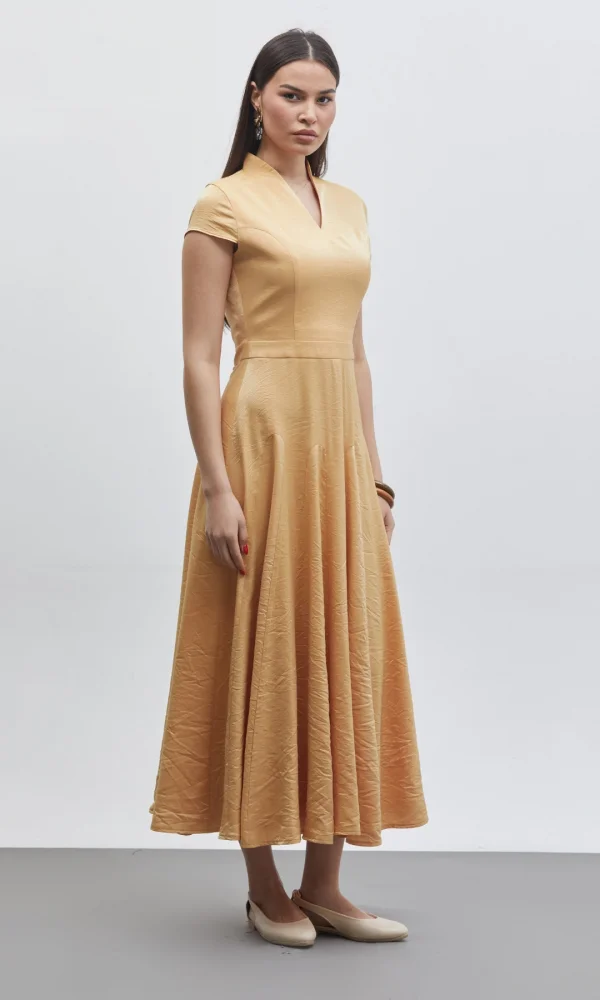 V Yaka Etek Detaylı Midi Elbise 6086-Hardal Sarısı