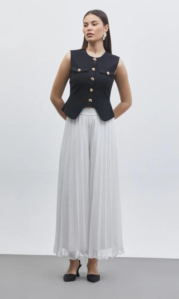 Düğme Detaylı Yelek ve Piliseli Pantolon İkili Takım 6088-Siyah/Beyaz