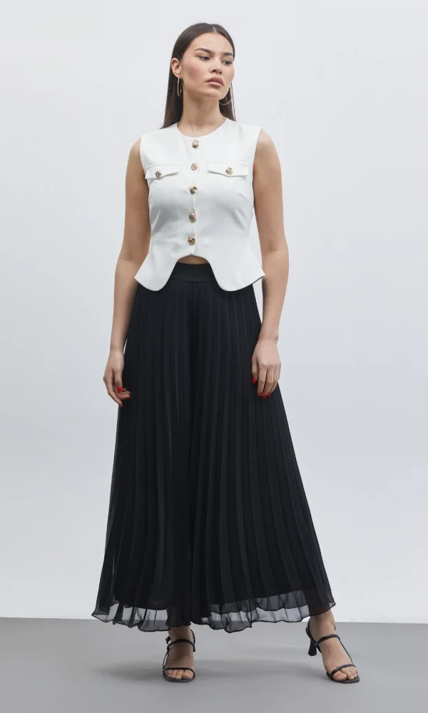 Düğme Detaylı Yelek ve Piliseli Pantolon İkili Takım 6088-Beyaz/Siyah