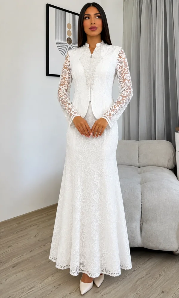 V Yaka İşleme Detaylı Dantel İkili Takım 4717-Beyaz