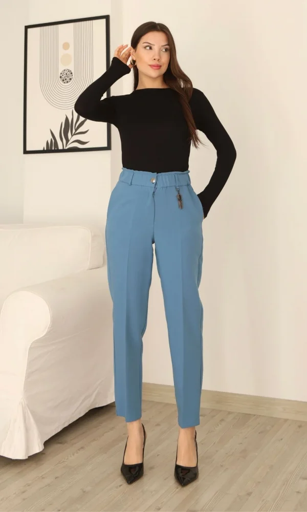 Aksesuar Detaylı Beli Lastikli Kumaş Pantolon 6119-Açık Mavi