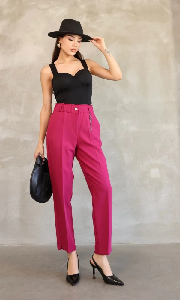 Aksesuar Detaylı Beli Lastikli Kumaş Pantolon 6119-Fuşya