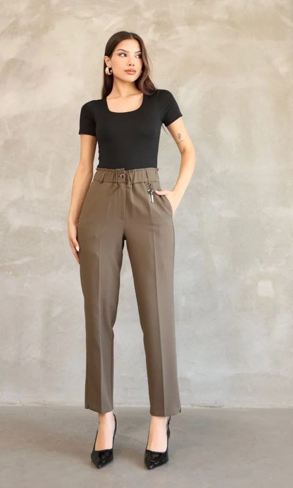 Aksesuar Detaylı Beli Lastikli Kumaş Pantolon 6119-Haki