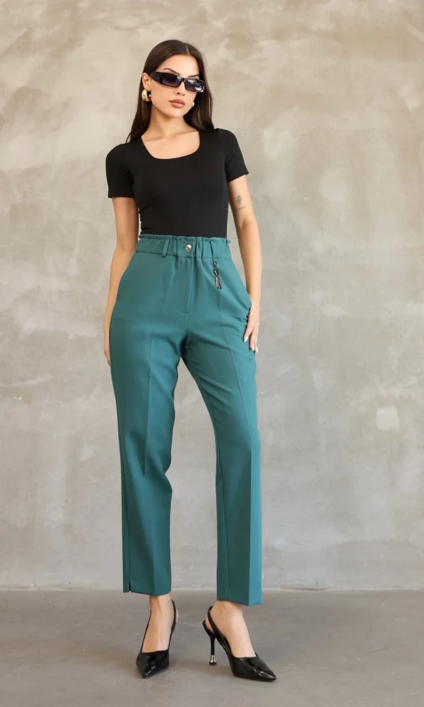 Aksesuar Detaylı Beli Lastikli Kumaş Pantolon 6119-Petrol Yeşili