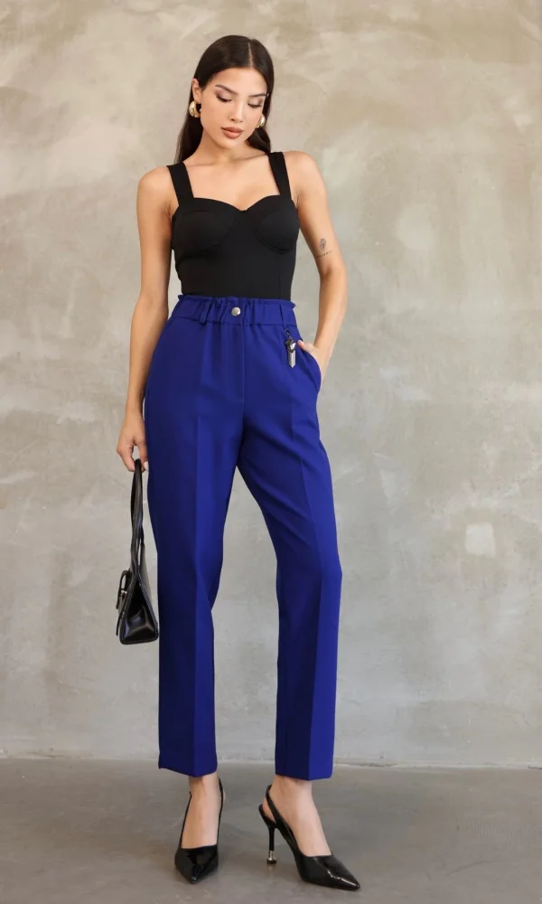 Aksesuar Detaylı Beli Lastikli Kumaş Pantolon 6119-Saks