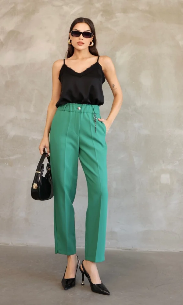 Aksesuar Detaylı Beli Lastikli Kumaş Pantolon 6119-Yeşil
