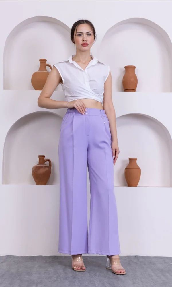 Aksesuar Detaylı Beli Lastikli Palazzo Pantolon 516-Lila