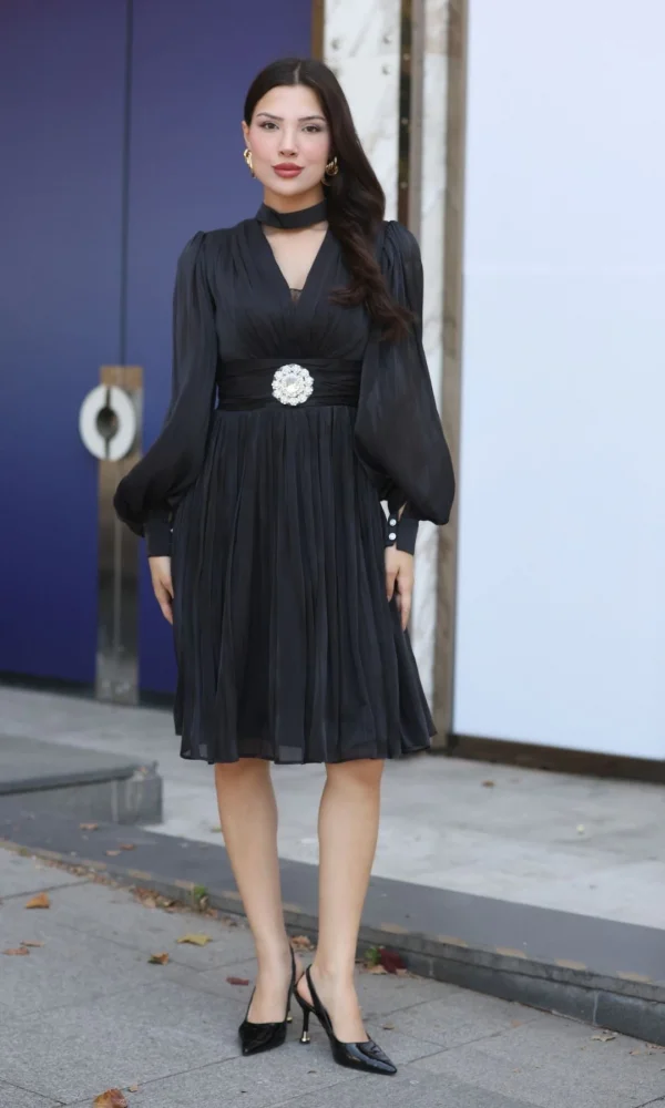 Aksesuar Detaylı Diz Boyu Abiye Elbise 2352-Siyah