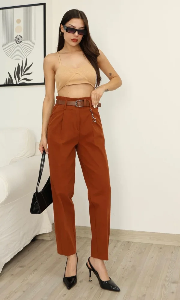 Aksesuar Detaylı Pileli Gabardin Kumaş Pantolon 5807-Kiremit