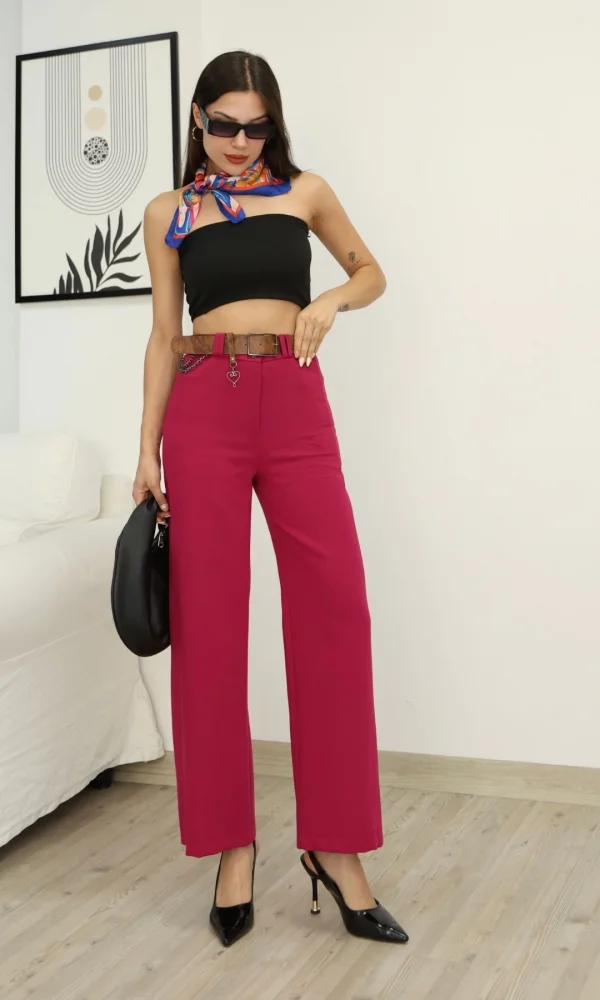 Aksesuar Ve Kemer Detaylı Palazzo Kumaş Pantolon 6115-Fuşya