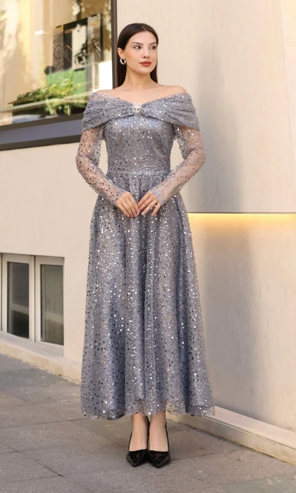 Aşkın Büyüsü Abiye Elbise 6054-Gri