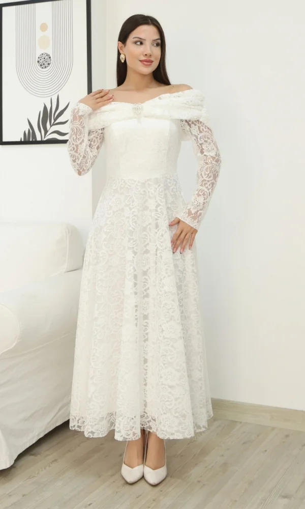 Aşkın Büyüsü Dantel Abiye Elbise 6055-Beyaz