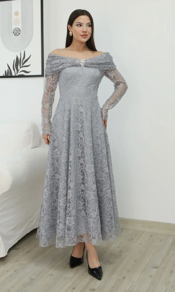 Aşkın Büyüsü Dantel Abiye Elbise 6055-Gri