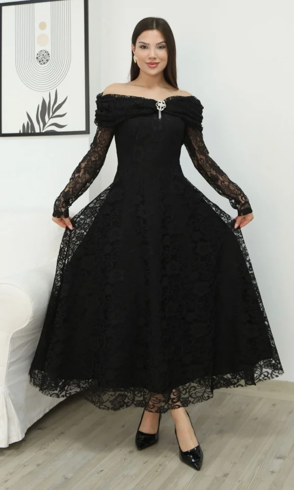 Aşkın Büyüsü Dantel Abiye Elbise 6055-Siyah